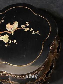 Vintage Chinese Lacquered Wood Garden Seat Barrel Table Stand Mother of Pearl