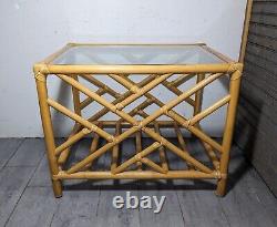 Vintage Chippendale Bamboo Rattan Glass Top End Table Asian Boho Chic Coastal