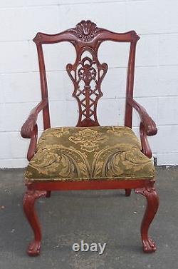 Vintage Chippendale Carved Accent Chair Red Tone Wood Frame Tan Fabric