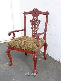 Vintage Chippendale Carved Accent Chair Red Tone Wood Frame Tan Fabric