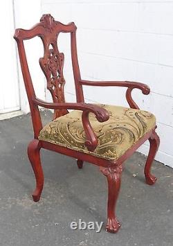 Vintage Chippendale Carved Accent Chair Red Tone Wood Frame Tan Fabric