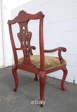 Vintage Chippendale Carved Accent Chair Red Tone Wood Frame Tan Fabric