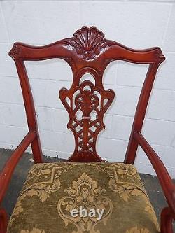 Vintage Chippendale Carved Accent Chair Red Tone Wood Frame Tan Fabric