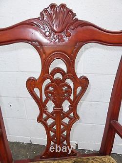 Vintage Chippendale Carved Accent Chair Red Tone Wood Frame Tan Fabric