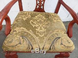 Vintage Chippendale Carved Accent Chair Red Tone Wood Frame Tan Fabric