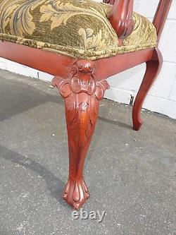 Vintage Chippendale Carved Accent Chair Red Tone Wood Frame Tan Fabric