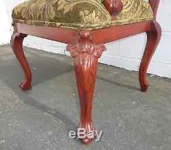 Vintage Chippendale Carved Accent Chair Red Tone Wood Frame Tan Fabric