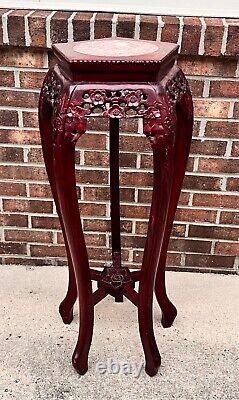 Vintage Chippendale Carved Mahogany Marble Top Pedestal Plant Stand Chinoiserie