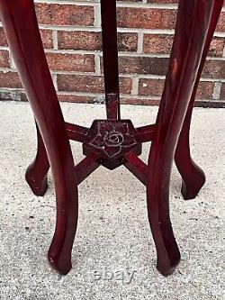 Vintage Chippendale Carved Mahogany Marble Top Pedestal Plant Stand Chinoiserie