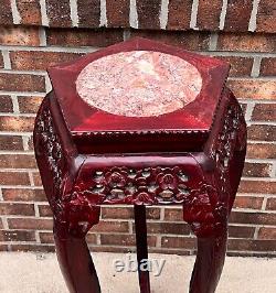 Vintage Chippendale Carved Mahogany Marble Top Pedestal Plant Stand Chinoiserie