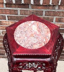 Vintage Chippendale Carved Mahogany Marble Top Pedestal Plant Stand Chinoiserie