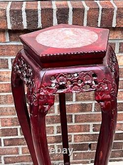 Vintage Chippendale Carved Mahogany Marble Top Pedestal Plant Stand Chinoiserie