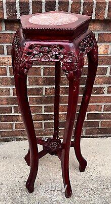 Vintage Chippendale Carved Mahogany Marble Top Pedestal Plant Stand Chinoiserie