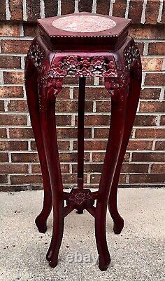 Vintage Chippendale Carved Mahogany Marble Top Pedestal Plant Stand Chinoiserie