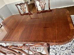 Vintage Chippendale Style Dining Table Set with 10 Chairs & 2 Leafs