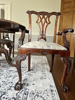 Vintage Chippendale Style Dining Table Set with 10 Chairs & 2 Leafs