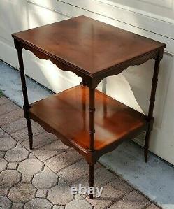 Vintage Chippendale Style Faux Bamboo Two Tier End Table Book Matched Yew Veneer