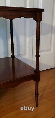Vintage Chippendale Style Faux Bamboo Two Tier End Table Book Matched Yew Veneer