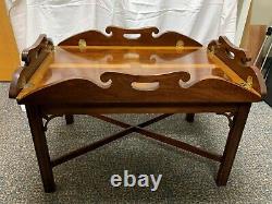Vintage Chippendale Style Inlaid Mahogany Butler's Coffee Table high quality