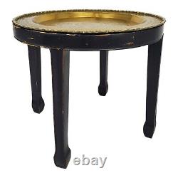 Vintage Ebonized Brass Tray Top Side Lamp Table Chippendale Asian Chinoiserie