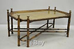 Vintage Faux Bamboo Chinese Chippendale Style Brass Tray Top Coffee Table