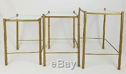 Vintage Faux Bamboo Gold Metal Glass Top Nesting Tables Chinese Chippendale