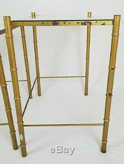 Vintage Faux Bamboo Gold Metal Glass Top Nesting Tables Chinese Chippendale