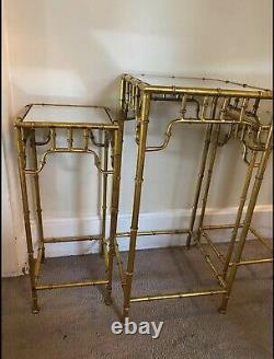Vintage Gilt Metal Faux Bamboo Chinoiserie Chippendale Table Set End Stand