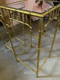 Vintage Gilt Metal Faux Bamboo Chinoiserie Chippendale Table Set End Stand