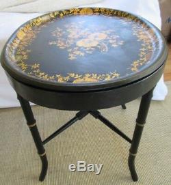 Vintage Handpainted Tole Tray Table Folk Art Bamboo Gold Gilt Chippendale Metal