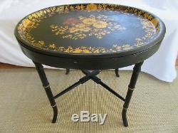 Vintage Handpainted Tole Tray Table Folk Art Bamboo Gold Gilt Chippendale Metal