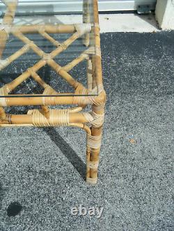 Vintage MCM Chinese Chippendale Burnt Bamboo Wicker Wrap Side Table