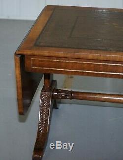 Vintage Mahogany And Green Leather Twin Flap Extending Coffee Table Carved Wood