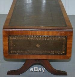 Vintage Mahogany And Green Leather Twin Flap Extending Coffee Table Carved Wood