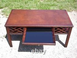 Vintage Mahogany Chippendale Style Leather Top Coffee Table Cocktail Tray Table