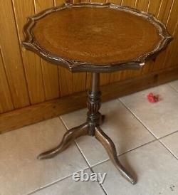 Vintage Mahogany Pie Crust Table, Wine Table Leather Top 13w x20h