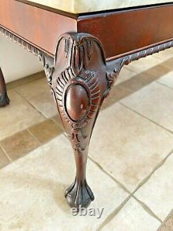 Vintage Marble Top Mahogany Rectangle Coffee Table Hand carved ball claw legs