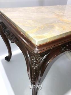 Vintage Marble Top Mahogany Rectangle Coffee Table Hand carved legs