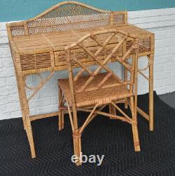 Vintage Mid Century Bohemian Wicker Rattan Desk With Chinese Chippendale Chair