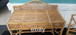 Vintage Mid Century Bohemian Wicker Rattan Desk With Chinese Chippendale Chair