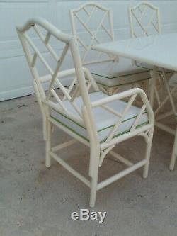 Vintage Mid Century White Chinese Chippendale Patio Dinning Set Table And Chairs