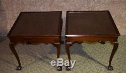 Vintage Pair of Drexel Mahogany Chippendale Style Ball & Claw Foot Side Tables