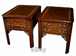 Vintage Pair of Lane Inlaid Chinese Chippendale Mahogany Side Tables
