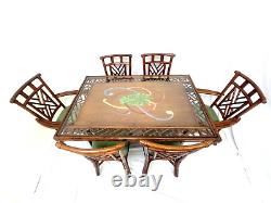 Vintage Rattan Dining Table 6 chairs Chinese Chippendale Chinoiserie Glass Top