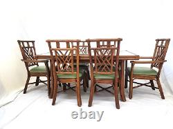 Vintage Rattan Dining Table 6 chairs Chinese Chippendale Chinoiserie Glass Top
