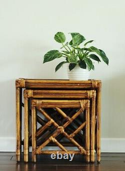 Vintage Rattan Nesting Tables, Asian Chippendale Nesting 3 Table SET-Boho Coastal