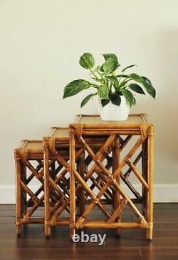 Vintage Rattan Nesting Tables, Asian Chippendale Nesting 3 Table SET-Boho Coastal