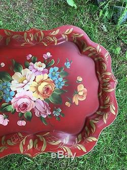Vintage Red Hand Painted Antique Chippendale Floral Fireplace Mantle Tole Table