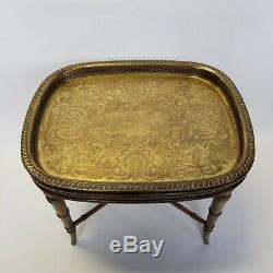 Vintage Regency Chinese Chippendale Mahogany Engraved Brass Tray Table Tea Table