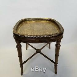 Vintage Regency Chinese Chippendale Mahogany Engraved Brass Tray Table Tea Table